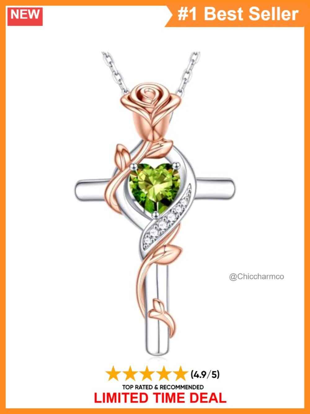 925 Sterling Silver Rose Cross Necklace Heart Birthstone Adjustable Chain